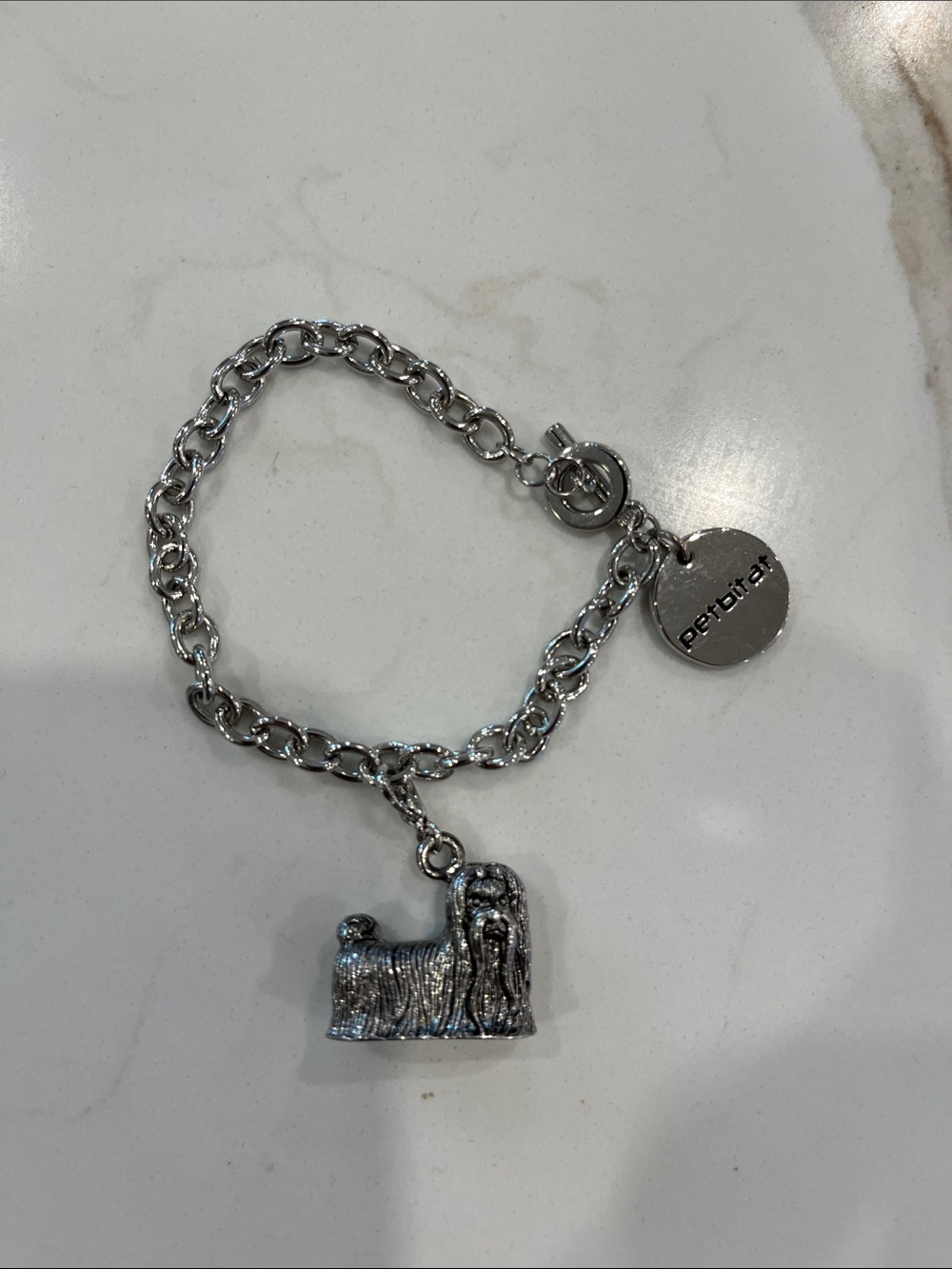Silver tone Chain 7” Bracelet with Pekinese Dog Charm and toggle and loop close